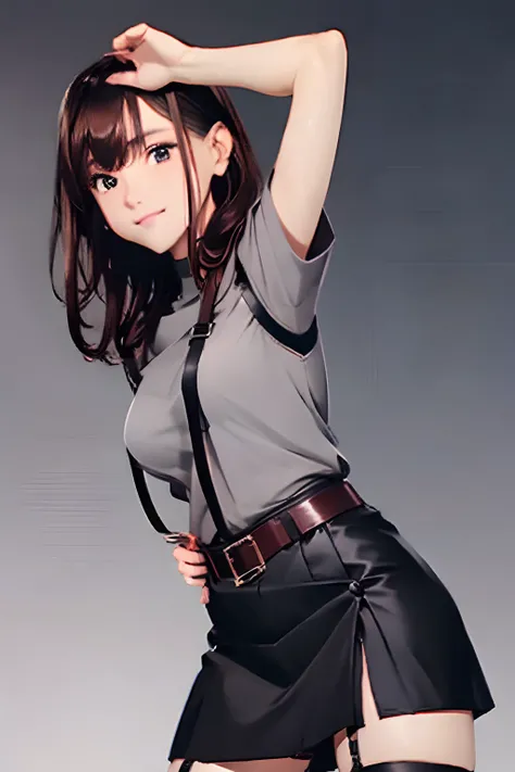 Black skirt, 　suspenders, Brown hair Gray eyes, Garter belt on the legs, Tight clothes, 　　 a belt　Armpit sweat　　Dark look　Moderately breasts　holster　Belt Chain　hair adornments　poneyTail