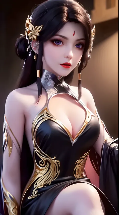 "A very beautiful girl from the abyss, a girl with magical beauty, ((wearing a black dress with gold trim:1.8)), black dress that hugs the body, historical style costumes, sexy ancient style, jet black curly hair, the most beautiful and detailed hair jewel...