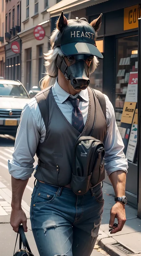 A cute anthropomorphic horse，(There are horse heads:1.2)，(The face is a horse face)，Wearing a vest，Suspender jeans，White sneakers，baseball cap，Wearing sunglasses，City streets，（depth of fields），（Movie lighting），（light and shadow effect），（Unreal 5），（tmasterp...