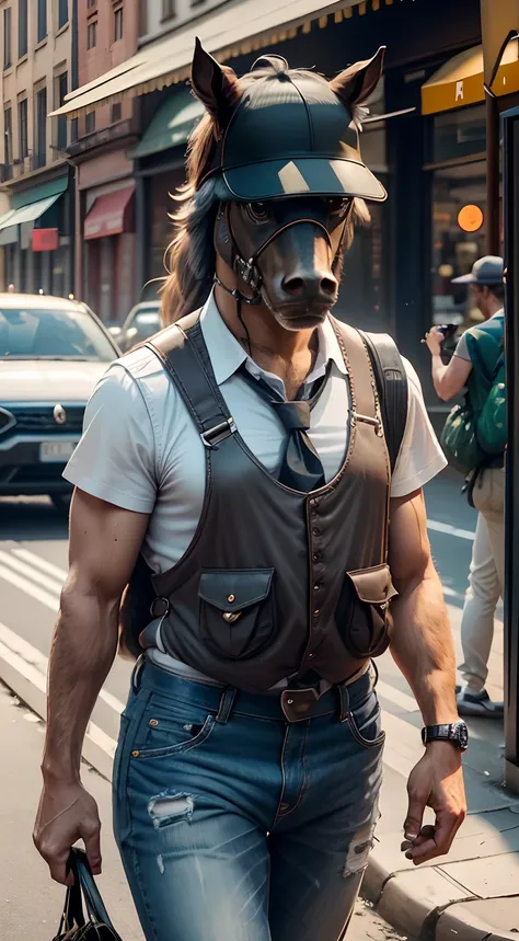 A cute anthropomorphic horse，(There are horse heads:1.2)，(The face is a horse face)，Wearing a vest，Suspender jeans，White sneakers，baseball cap，Wearing sunglasses，City streets，（depth of fields），（Movie lighting），（light and shadow effect），（Unreal 5），（tmasterp...