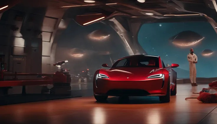 Qualidade de filme 4K，Film compositions，texturas finas，Base em Marte，Astronautas tocando guitarra, A cherry red Tesla Roadster floating in space WITH A GUY WITH SPACE TRAGE STANDING AT A SPACE-STYLE GAS STATION TO FUEL EM UM PLANETA FUTURISTICO NO ESPAÇO, ...