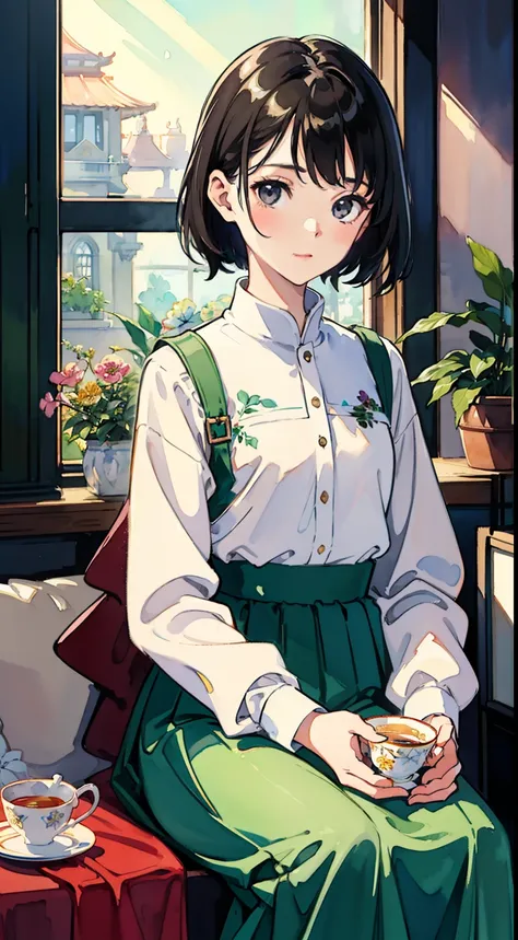 ((Watercolor by singer Sargent))、(top-quality、​masterpiece)、1girl in、sixteen years old、A stunning、Short black hair、Black eyes、tiny chest、校服、long  skirt、study、Flower Shop、The table、florals、tea set、window、aquarium、houseplant、 The tree,Soft light、