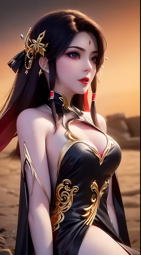 "A very beautiful girl from the abyss, a girl with magical beauty, ((wearing a black dress with gold trim:1.8)), black dress that hugs the body, historical style costumes, sexy ancient style, jet black curly hair, the most beautiful and detailed hair jewel...