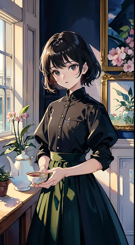 ((Watercolor by singer Sargent))、(top-quality、​masterpiece)、1girl in、sixteen years old、A stunning、Short black hair、Black eyes、tiny chest、校服、long  skirt、study、Flower Shop、The table、florals、tea set、window、aquarium、houseplant、 The tree,Soft light、