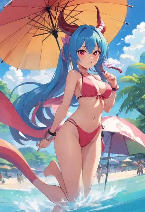 destino/Gran Orden, Ibuki Douji (destino) , 1girl,solamente, hombros, cuernos negros , negro, onepiece swimsuit , blue hair blush body marks breasts neckline cloud clavicle colored skin skin covered navel dark skin female dark skin dragon girl earrings ski...