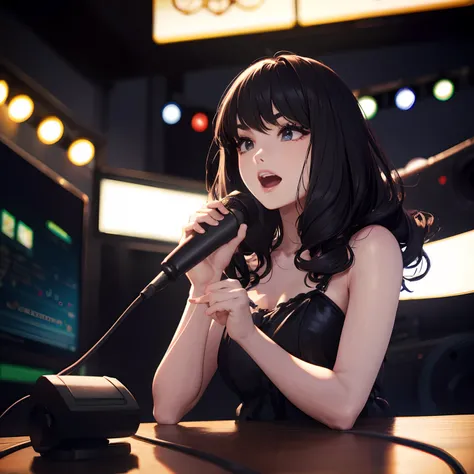 FM Radio Studio Stations, brunette, Wavy Hair, Speak into the microphone, Realistic, Full-HD, 。.3D, 4K