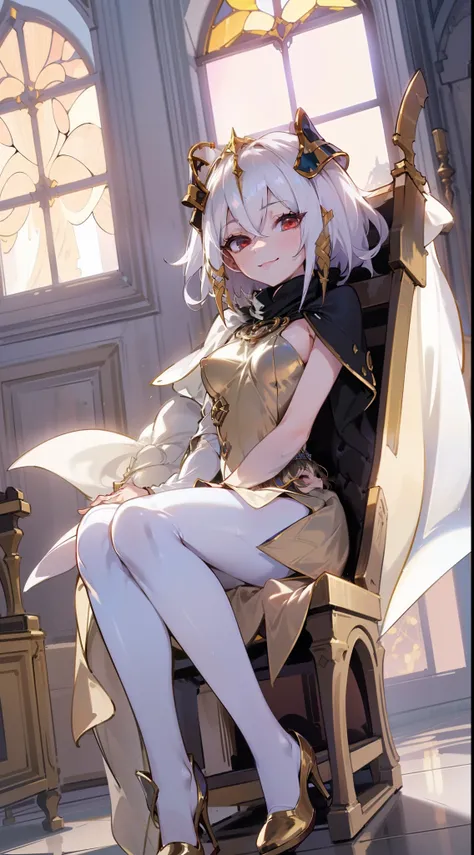 1girl,20 years,solo,happy,white and golden short dress,medium tits,white hair,short hair,red eyes,elves ears,white pantyhose,golde tiara,Detailed ,gold high heels,(((long cape))),(((sitting on the throne in front window)))