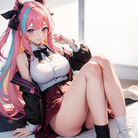 girl,harems，Multiple beautiful girls are drawn， A smile、multicolored hair 、top-quality、​masterpiece、HD image quality、校服、blazers、beautiful a girl、a beauty girl、Colossal tits、超A high resolution、Loose Socks、Excellent style、