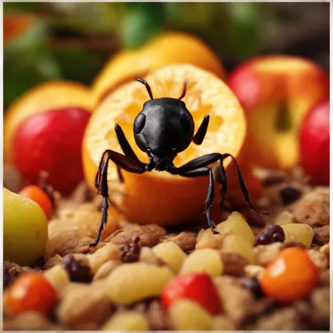 an ant is buried by a pile of fruits