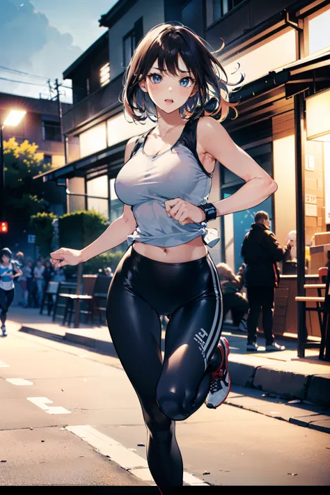 1 girl, (matured woman running field fast:1.3, lifting up right leg, trekking:1.2), wearing white sports leggings and sports tan...