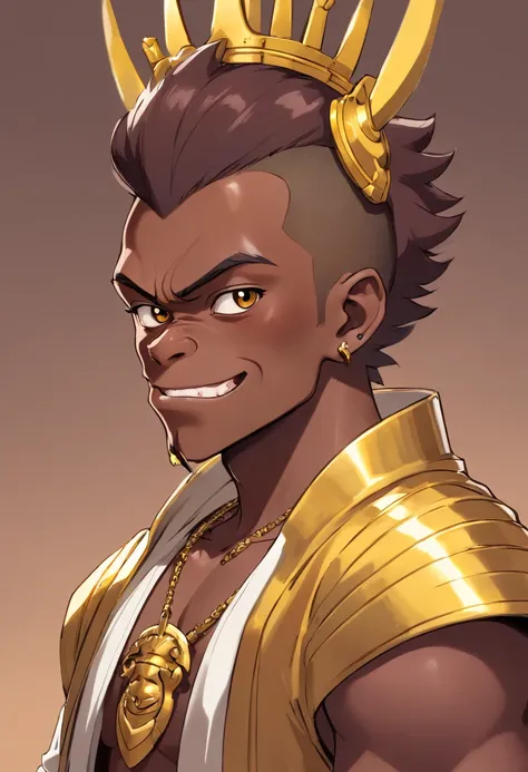 Heavy set hip hop artist with chocolate skin and a long deadlocked style Mohawk, wearing a gold samurai mask designed like a gorillas snout and fangs also wearing a golden a Loki crown