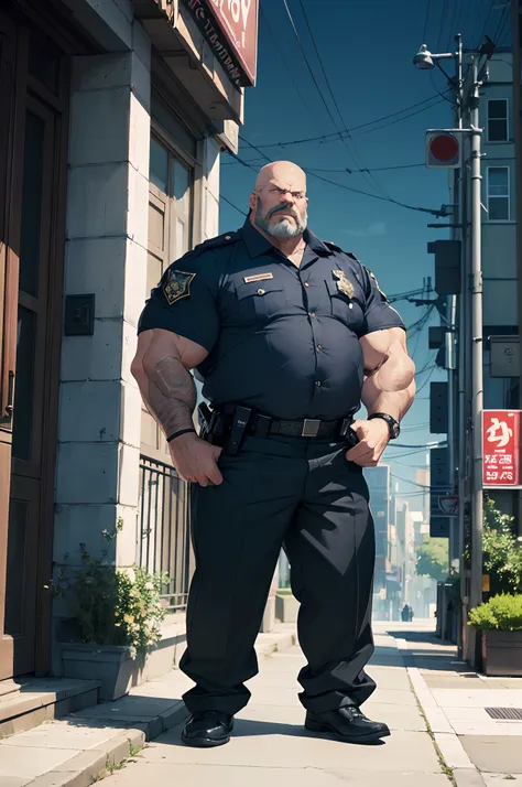 a huge muscular old man, muscular arms, muscular legs, tall and imposing stature, wearing a police uniform, with a stern and int...