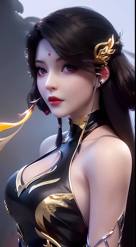 "A very beautiful girl from the abyss, a girl with magical beauty, ((wearing a black dress with gold trim:1.8)), black dress that hugs the body, historical style costumes, sexy ancient style, jet black curly hair, the most beautiful and detailed hair jewel...