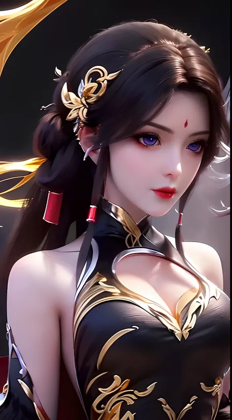 "A very beautiful girl from the abyss, a girl with magical beauty, ((wearing a black dress with gold trim:1.8)), black dress that hugs the body, historical style costumes, sexy ancient style, jet black curly hair, the most beautiful and detailed hair jewel...