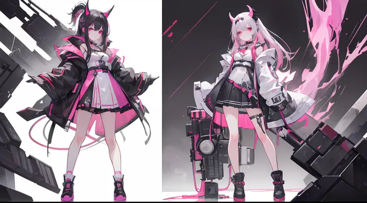 Masterpiece: 1.6, best quality: 1.4, live image: 1.2, intricate details: 1.2, graphicsournerv2: 1.2, A pair of demon horns on the head, 1 girl, pink with overflow into black hair, multi-colored hair, split hair coloring, Fashionable clothes small breasts, ...