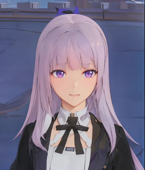 Anime girl with long hair and purple eyes standing in front of a building, O impacto de Ayaka Genshin, Fazer videogame Azur Lane, ligeiramente sorridente, Live2D modelo Virtual Youtuber, Personagem close up, Personagem de close up, close up de uma jovem ga...