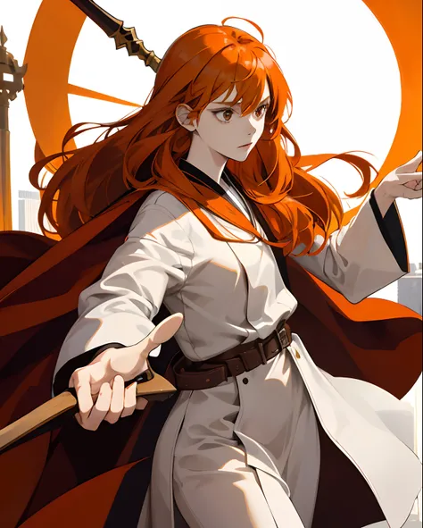 20 year old woman. Ginger hair. Orange hair. Straight bangs. Anime style. Brown eyes. White Bishop robes. Staff in hand. Determined expression. Small cap on head. Action pose. Capital city in background.