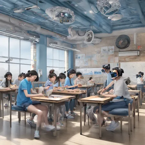 The picture shows students using virtual reality、ar glasses，There are students drawing cartoon characters，Teachers teach students to take pictures with cameras，There are also students who draw a picture with a brush，There are also students exploring the in...