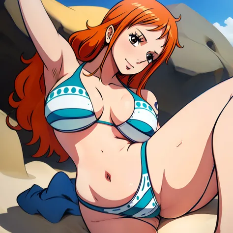 fille, femme, gros sein, rousse, White and blue striped bikini,style anime one piece, Plage, sexy, maigre