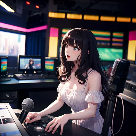 FM Radio Studio Stations, brunette, Wavy Hair, Speak into the microphone, Realistic, Full-HD, 。.3D, 4K