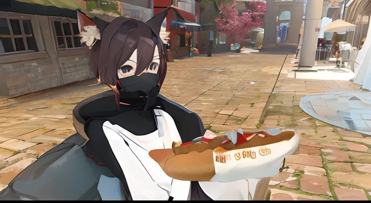 anime character holding a hot dog in a city square, vrchat, holding a baguette, with kitsune mask, in game, restaurant!, in front of ramen shop, hi - res scan, hi-res scan, rin, in-game, in - game, restaurant!!, mysterious coffee shop girl, wearing a kitsu...