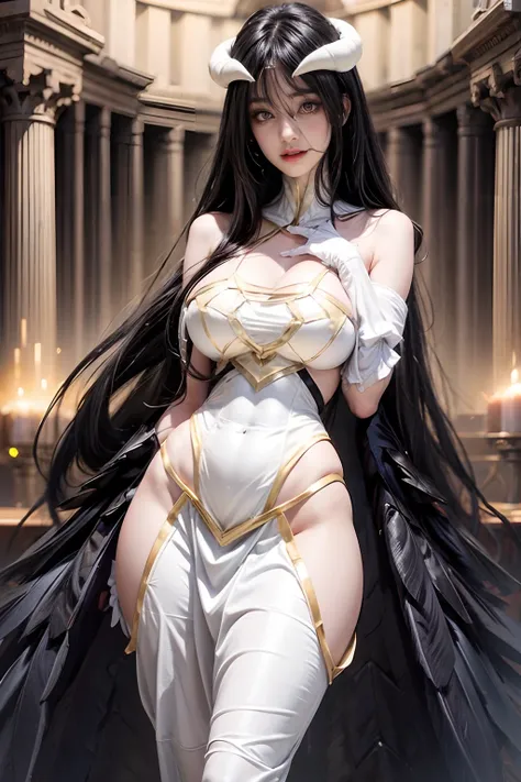 1girl albedo,with white horn,big boobs,black hair,yellow ayes,high res,hyper realistis, ultra detail