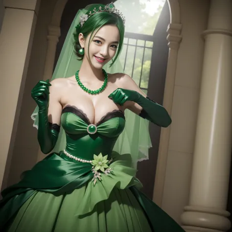 Boyish very short green hair, lipsticks, Japan woman smiling, Green Long Grove, Long green gloves made of satin material, lipsticks, Japan woman smiling, Satin green long gloves,　emerald tiara, Green Pearl Necklace, verd s eyes, Green eyes, Long green glov...