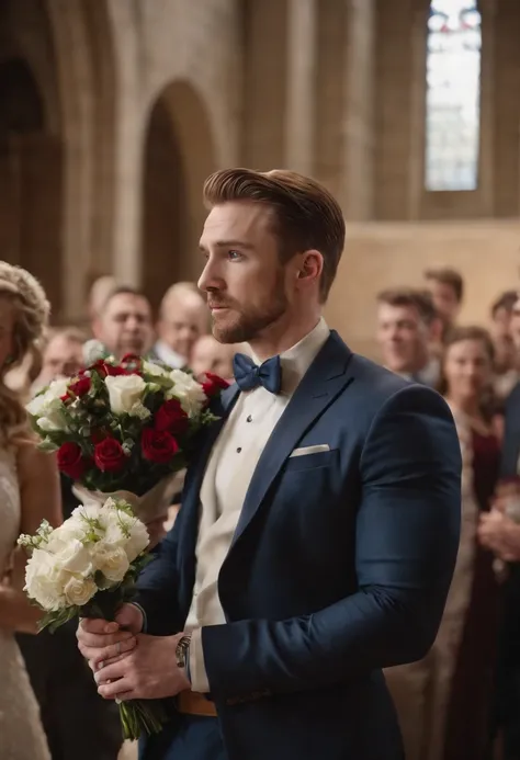 Captain America, holding a bouquet, church wedding, happy, The groomsmen were Iron Man, Thor, Hulk, and Hawkeye, standing in the back