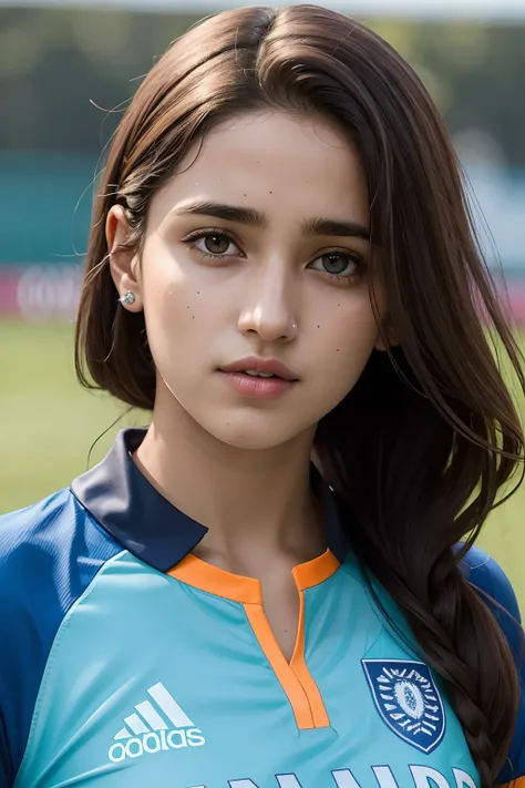 Beautiful female version of Harry Kane, wearing india cricket Blue Jersey