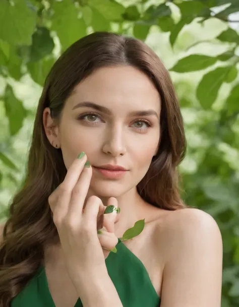 a woman with a ring on her finger and a green leaf behind her head and a green background with a green leaf