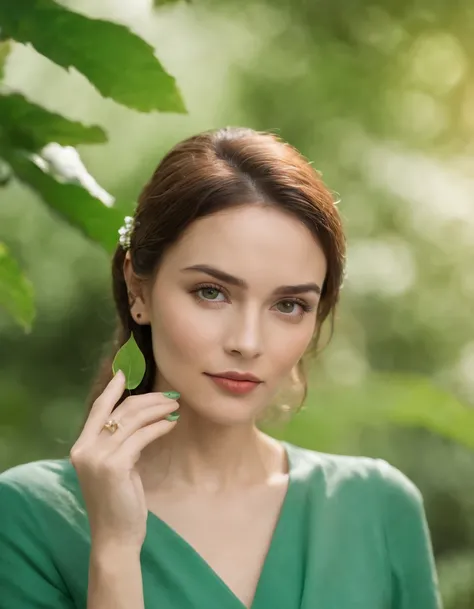 a woman with a ring on her finger and a green leaf behind her head and a green background with a green leaf