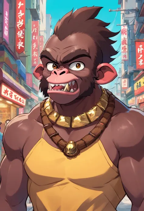 Heavy set hip hop artist with chocolate skin and a long deadlocked Mohawk wearing a menpō mask designed like a gorillas snout and fangs and a Loki crown