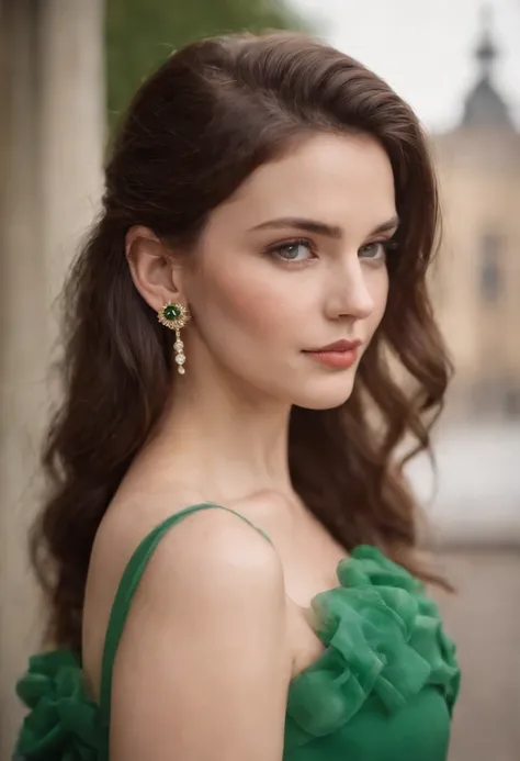 a young woman in a green dress wearing earrings, in the style of uhd image, wollensak 127mm f/4.7 ektar, translucent color, groovy, associated press photo, bold ,fashion photography, flickr,upper body