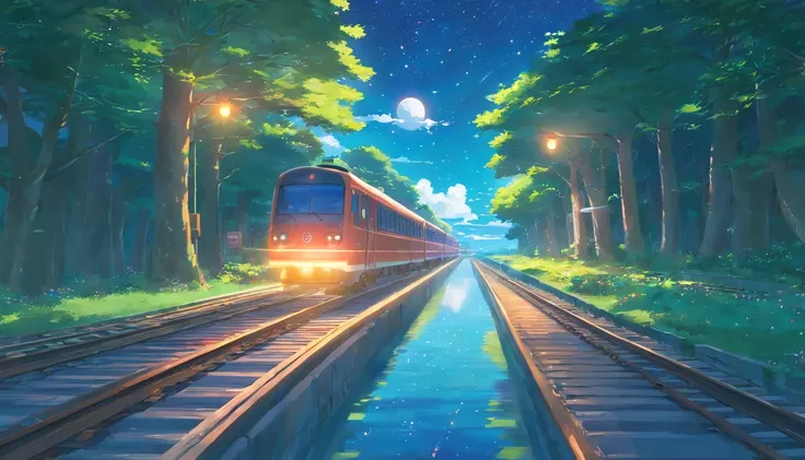 High quality masterpiece ，scenecy，Anime train passing through bodies of water on tracks， Glittering starry sky。Romantic train，Pisif，concept-art，Lofi art style，Reflectors。 By Makoto Shinkai, Lofi art, beautiful anime scenes, Anime landscapes, Detailed scene...