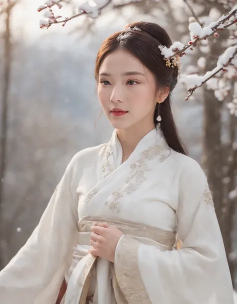 masterpiece, best quality, realistic, 8k, official art, cinematic light, ultra high res, 1girl, day, sunlight, light on face, (white hanfu), (Winter hanfu:1.2), (cloak:1.2), (snow:1.3),(upper body),Hanfu, French twist, jewelry ,necklace , Appalachian