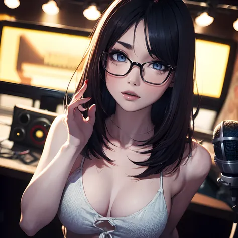 FM Radio Studio Stations, Blue-gray eyes、Straight hair、Very Shorthair、Forehead、Slender eyes、make - up、Red glasses, Speak into the microphone, Realistic, Full-HD, 。.3D, 4K、cowboy  shot、27 year old sexy woman