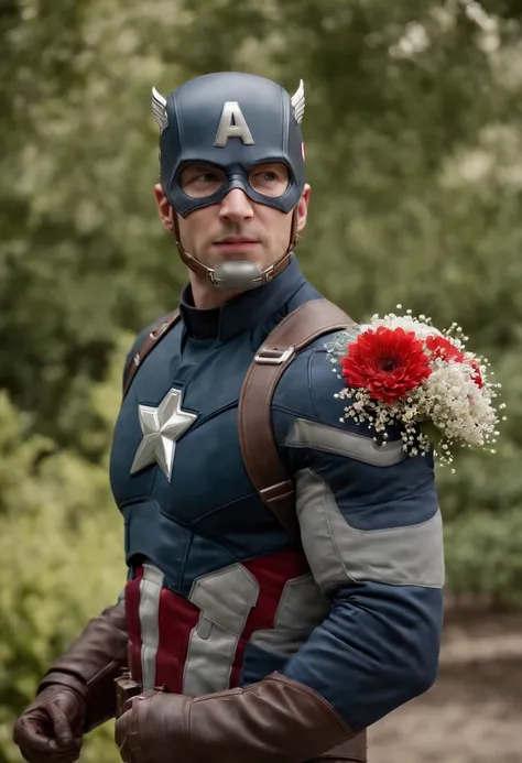 Captain America, holding a bouquet, wedding in beautiful garden, happy