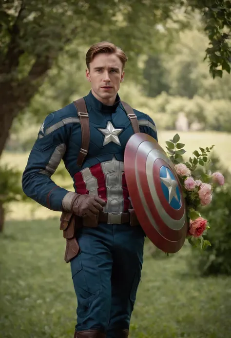 Captain America, holding a bouquet, wedding in beautiful garden, happy