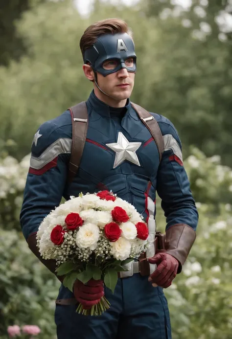 Captain America, holding a bouquet, wedding in beautiful garden, happy