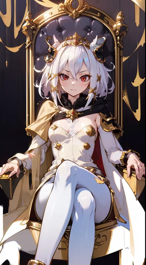 1girl,20 years,solo,serious,white and golden short dress,medium tits,white hair,short hair,red eyes,elves ears,white pantyhose,golde tiara,Detailed ,gold high heels,(((long cape))),(((sitting on the throne in golden castle)))