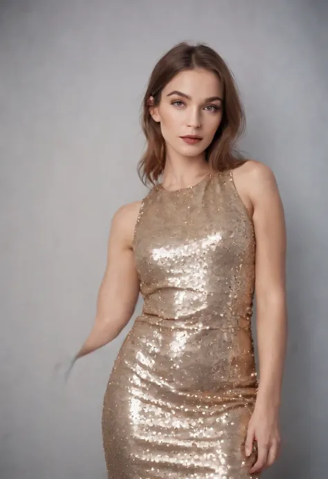 woman in shiny sequin dress, silver and gold color, 90s style, half length shot, side light, high quality photo