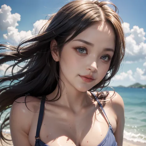 Photorealistic: 1.5, Summer Sea, Great smile, Colorful Swimwear Wear, Upper body:1.5, Chest pressed together, bending forward:1.5, Looking Up:1.7, Korea person, drooping eyes: 1.3, Perfect proportions, Portrait, ((Nikon Student) (Photo)) (8K, FujifilmXT3, ...