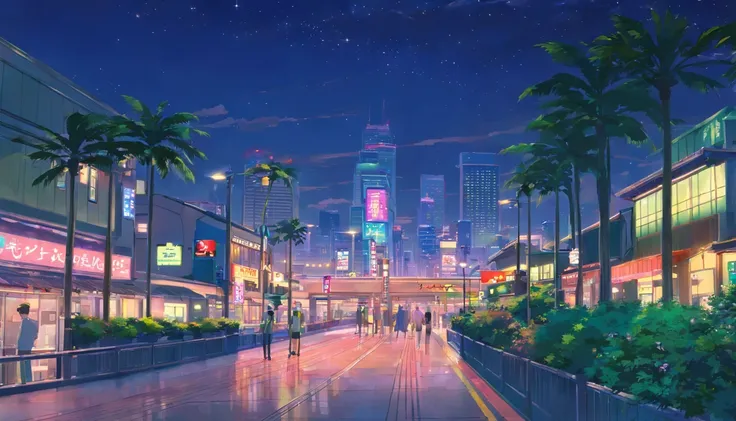 Night view of the city with palm trees and full moon, night cityscape, Shinjuku Station covered with vegetation、naturey、The artwork, fantasy cityscape,distant cityscape, fantasy city background, urban backdrop, distant city, shiny city in the distance, Twi...