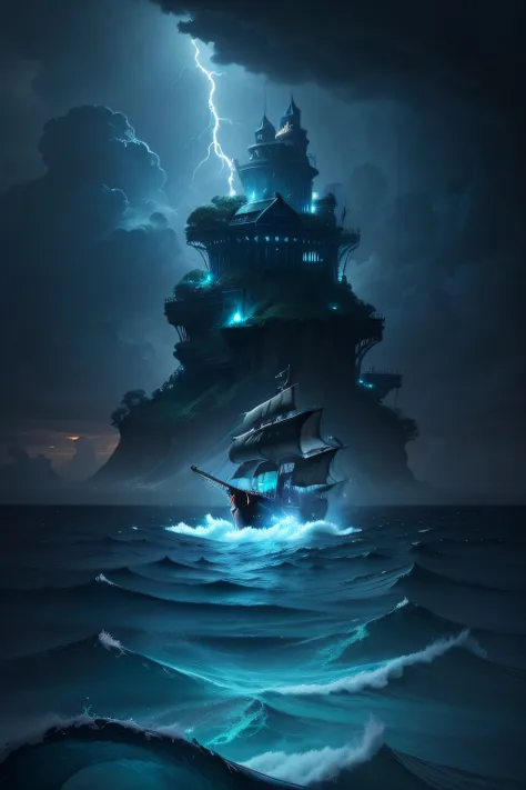 ((masterpiece))，The sea is as far as the eye can see，((There are paradise islands in the center of the sea))，A kraken in the sea，There are dark clouds and lightning in the distance, big three, sacred in the middle of island, vast sea, ((deserted island))