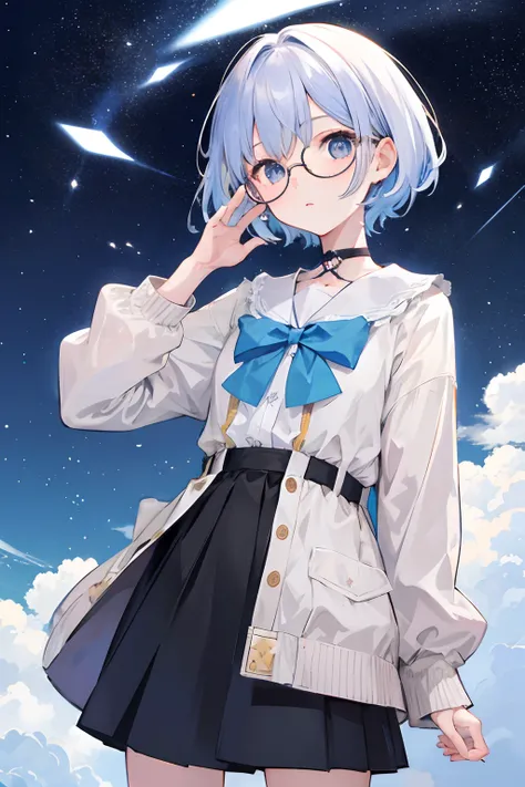 1girl in、starrysky、catss、Round glasses、short-haired