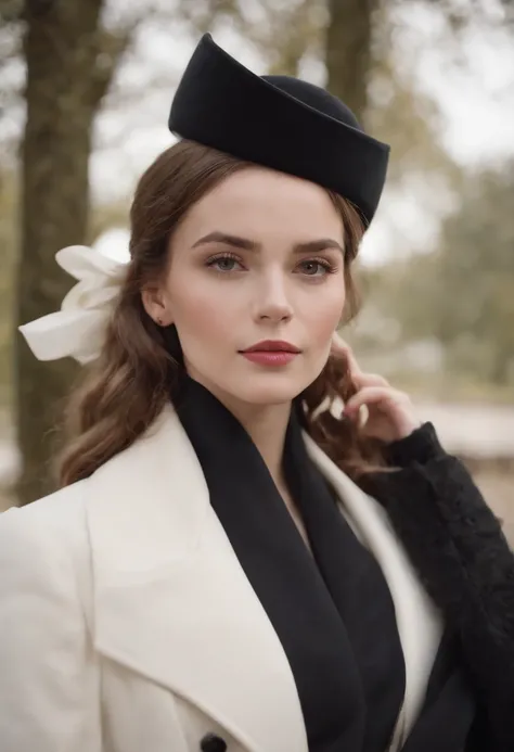 a model wears a black coat and a white hat, in the style of 32k uhd, rococo elegance, vintage-inspired designs, bold curves, ferrania p30, limited color range, english school