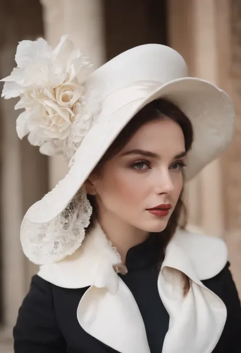 a model wears a black coat and a white hat, in the style of 32k uhd, rococo elegance, vintage-inspired designs, bold curves, ferrania p30, limited color range, english school