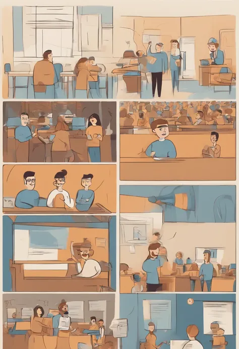 The picture shows a bright classroom，There are students in the classroom using VR glasses，There are students drawing cartoon characters，Teachers teach students to take pictures with cameras，There are also students who draw with brushes，There are also stude...