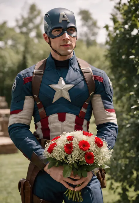 Captain America, holding a bouquet, wedding in beautiful garden, happy