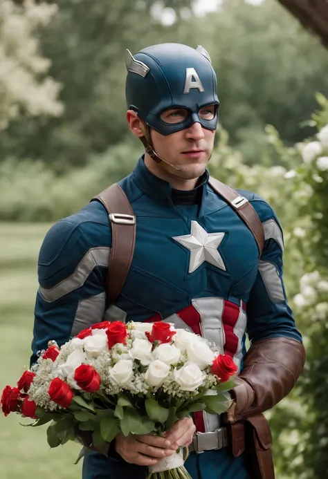 Captain America, holding a bouquet, reading vow, wedding in beautiful garden, happy